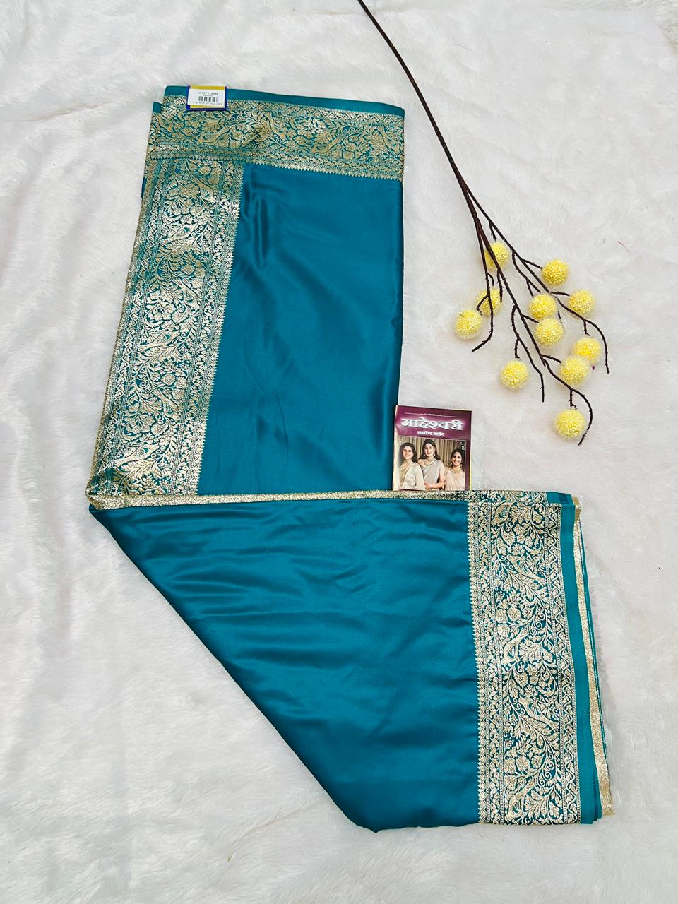 Blue Banarasi Silk Blend Saree with Heavy Golden Zari Jaal Weaving and Floral Vine Border