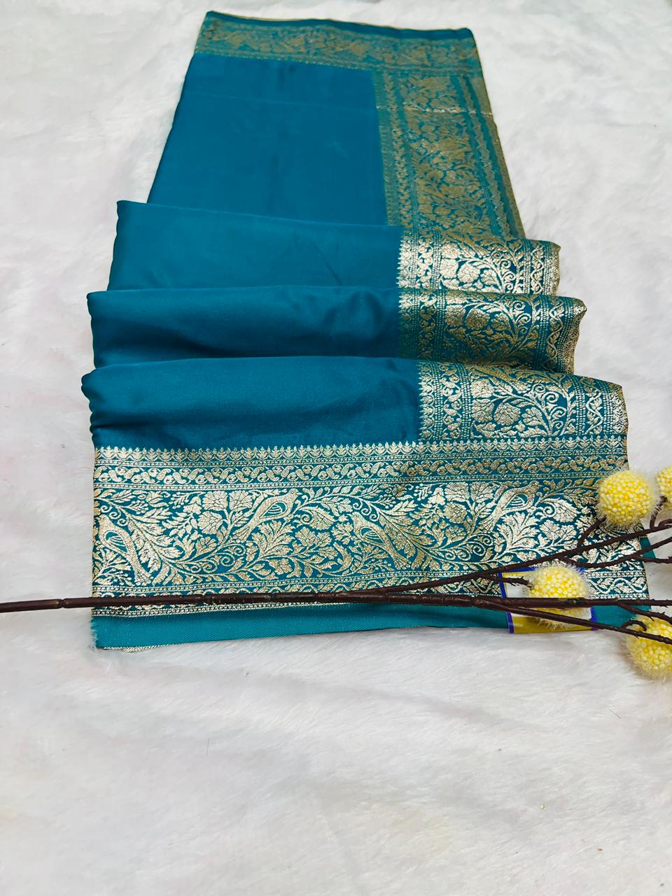 Blue Banarasi Silk Blend Saree with Heavy Golden Zari Jaal Weaving and Floral Vine Border