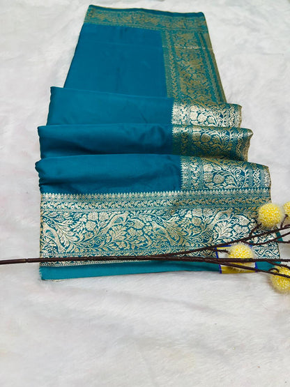 Blue Banarasi Silk Blend Saree with Heavy Golden Zari Jaal Weaving and Floral Vine Border