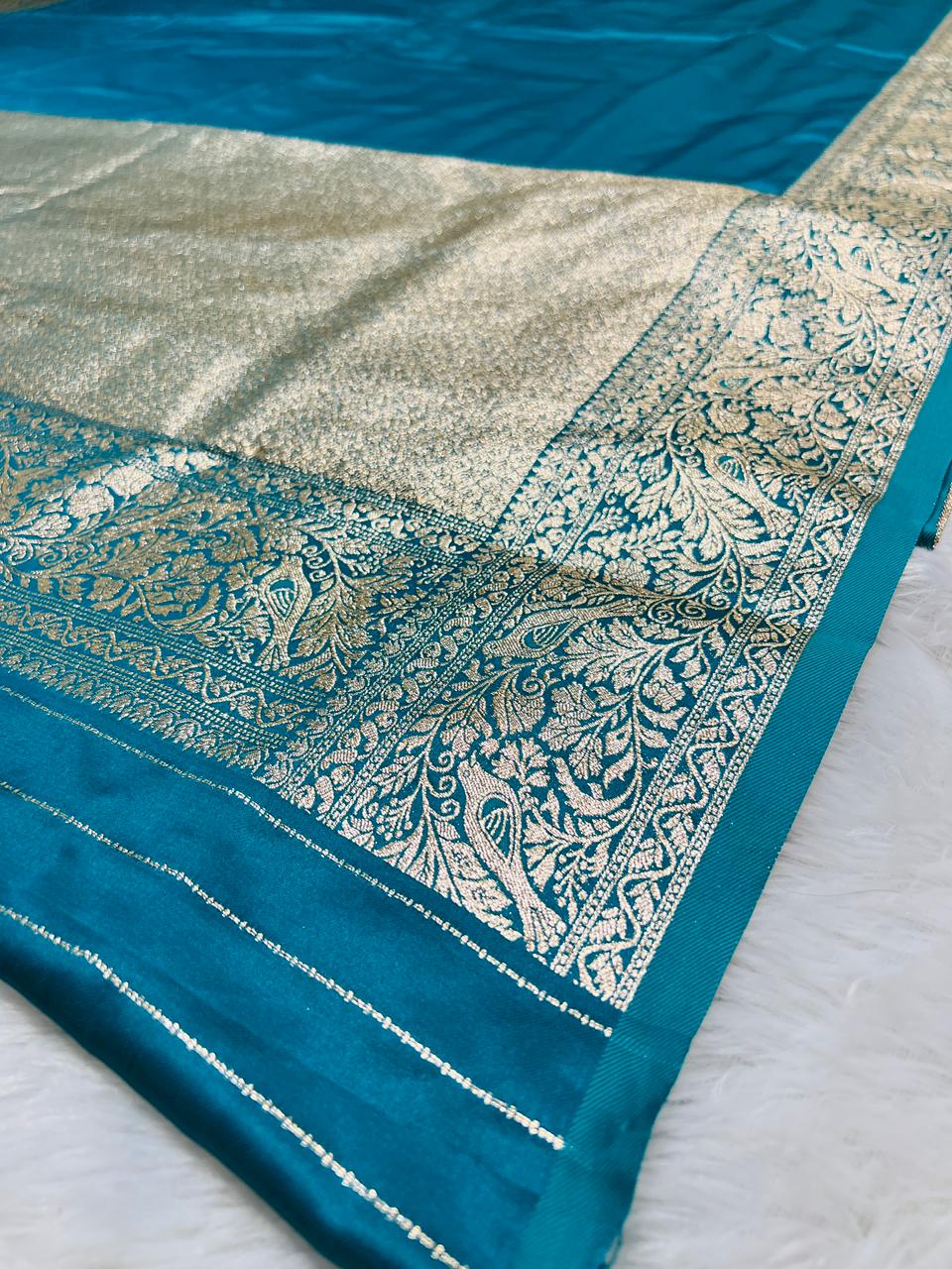 Blue Banarasi Silk Blend Saree with Heavy Golden Zari Jaal Weaving and Floral Vine Border