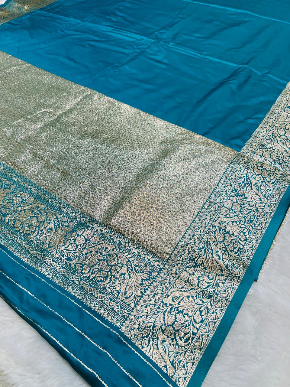 Blue Banarasi Silk Blend Saree with Heavy Golden Zari Jaal Weaving and Floral Vine Border