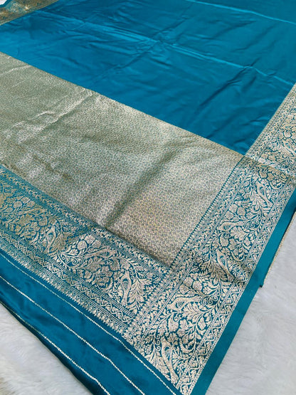 Blue Banarasi Silk Blend Saree with Heavy Golden Zari Jaal Weaving and Floral Vine Border