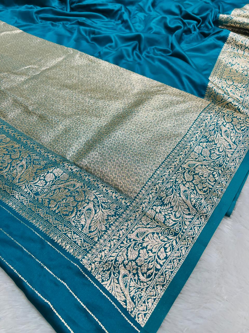 Blue Banarasi Silk Blend Saree with Heavy Golden Zari Jaal Weaving and Floral Vine Border