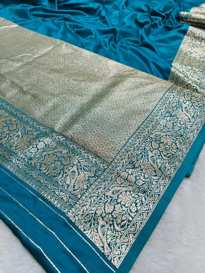 Blue Banarasi Silk Blend Saree with Heavy Golden Zari Jaal Weaving and Floral Vine Border
