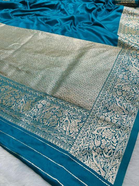 Blue Banarasi Silk Blend Saree with Heavy Golden Zari Jaal Weaving and Floral Vine Border