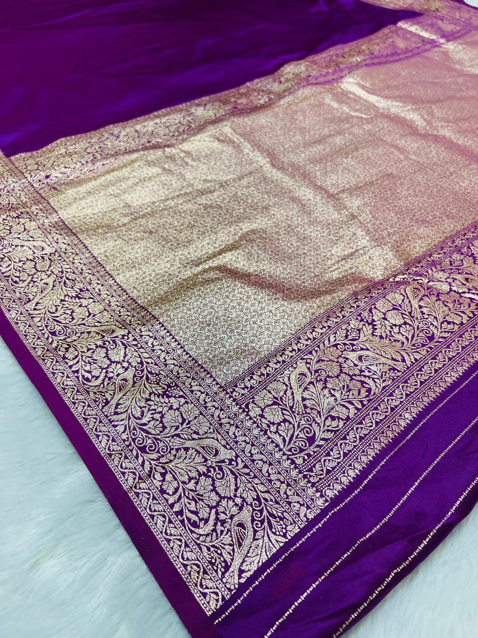 Purple Banarasi Silk Blend Saree with Heavy Golden Zari Jaal Weaving and Floral Vine Border