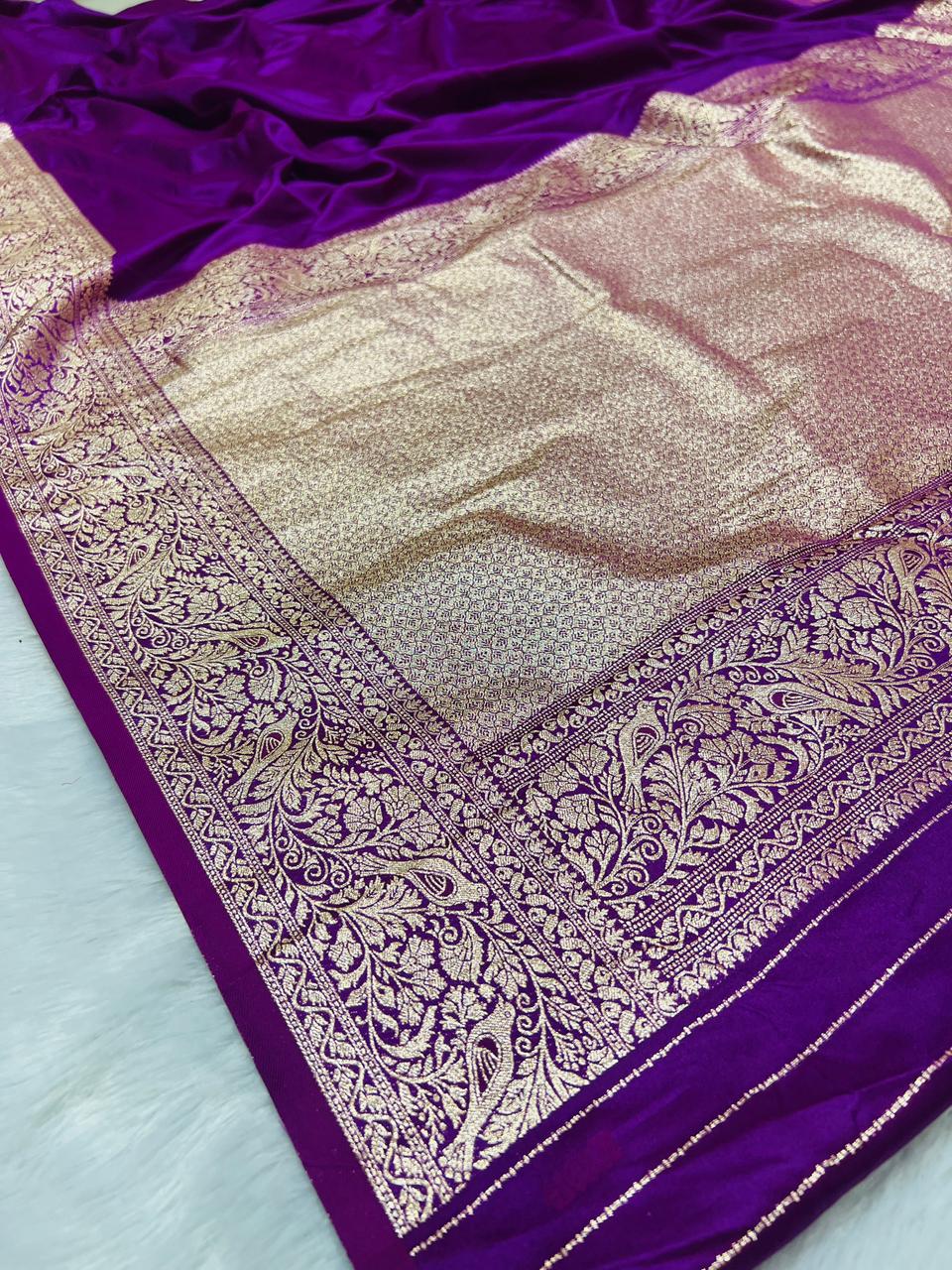 Purple Banarasi Silk Blend Saree with Heavy Golden Zari Jaal Weaving and Floral Vine Border