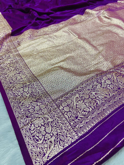 Purple Banarasi Silk Blend Saree with Heavy Golden Zari Jaal Weaving and Floral Vine Border