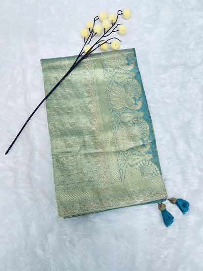 Sea Green Banarasi Silk Saree with Gold Zari Booti Weaving