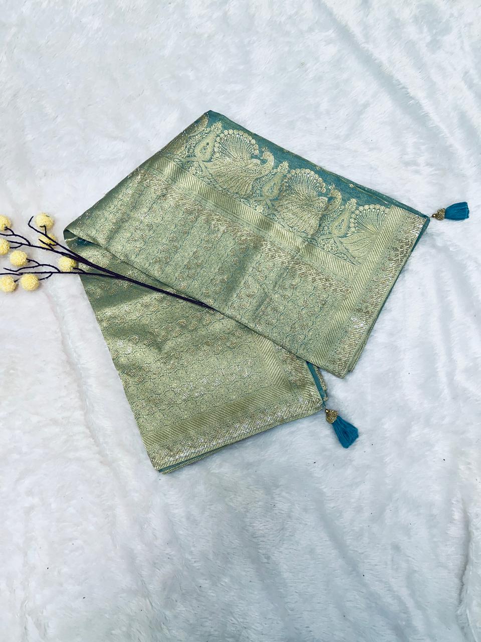 Sea Green Banarasi Silk Saree with Gold Zari Booti Weaving