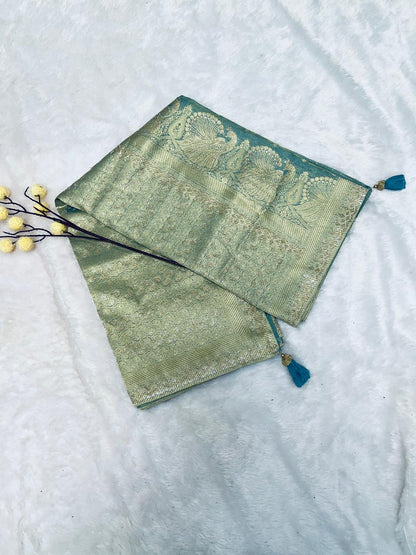 Sea Green Banarasi Silk Saree with Gold Zari Booti Weaving