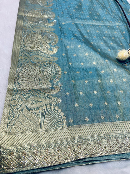 Sea Green Banarasi Silk Saree with Gold Zari Booti Weaving