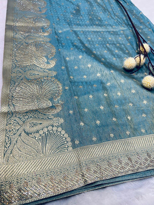 Sea Green Banarasi Silk Saree with Gold Zari Booti Weaving