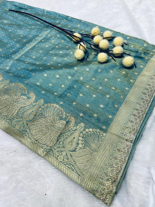 Sea Green Banarasi Silk Saree with Gold Zari Booti Weaving