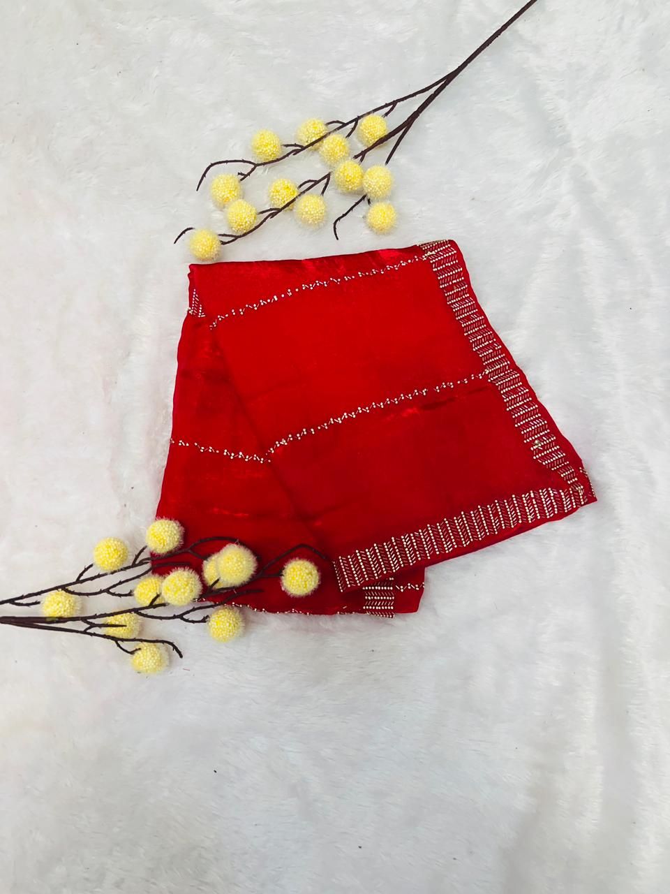 Red Silk Saree with Minimal Sequence Stripe Work