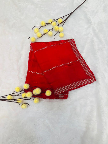 Red Silk Saree with Minimal Sequence Stripe Work