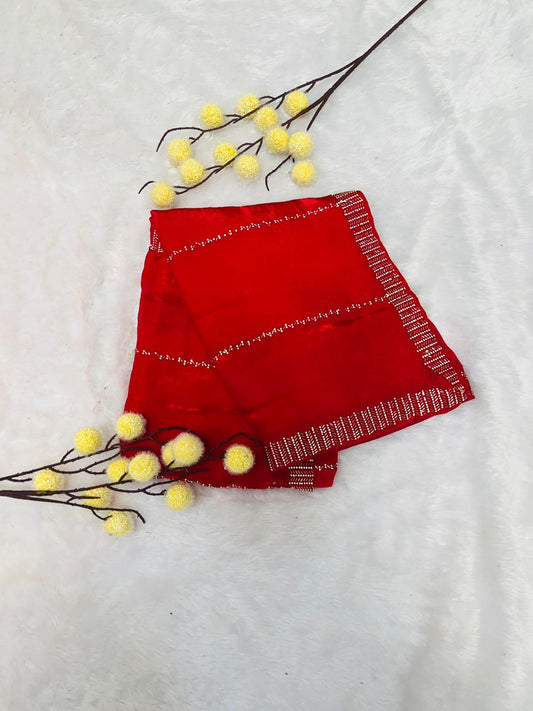 Red Silk Saree with Minimal Sequence Stripe Work