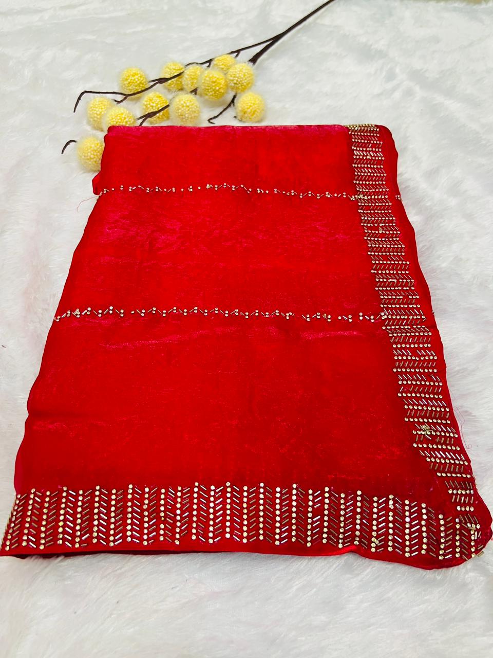 Red Silk Saree with Minimal Sequence Stripe Work