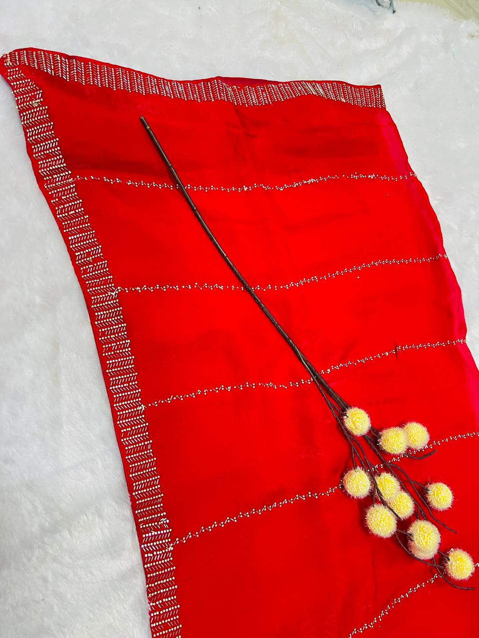 Red Silk Saree with Minimal Sequence Stripe Work