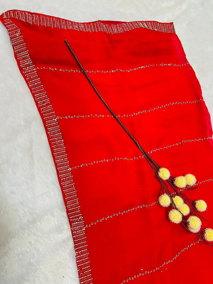 Red Silk Saree with Minimal Sequence Stripe Work