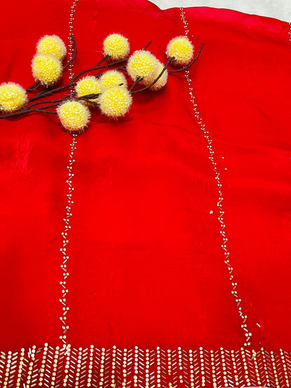 Red Silk Saree with Minimal Sequence Stripe Work