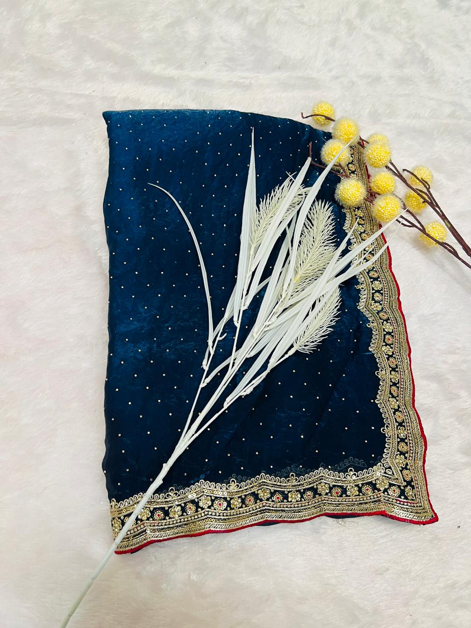 Navy Blue Organza Saree with Sequence Booti & Heavy Embroidered Border