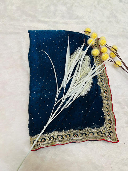 Navy Blue Organza Saree with Sequence Booti & Heavy Embroidered Border