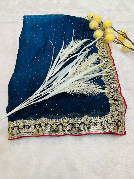 Navy Blue Organza Saree with Sequence Booti & Heavy Embroidered Border