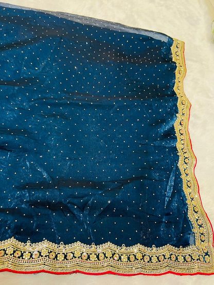 Navy Blue Organza Saree with Sequence Booti & Heavy Embroidered Border