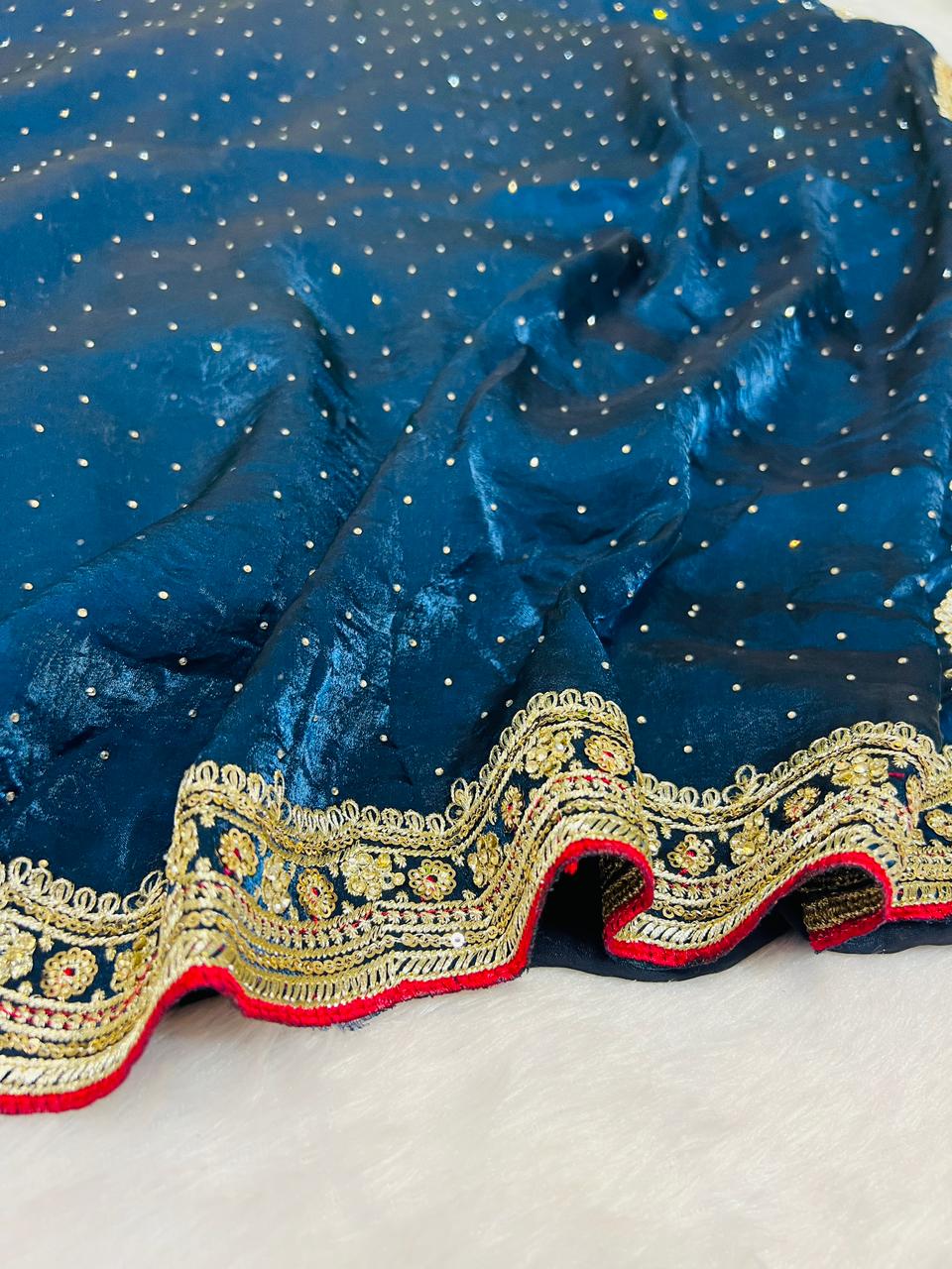 Navy Blue Organza Saree with Sequence Booti & Heavy Embroidered Border