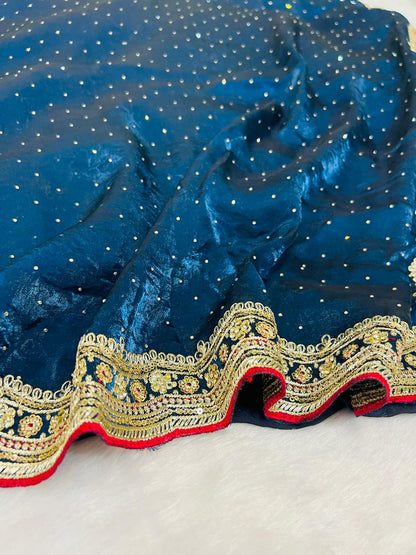 Navy Blue Organza Saree with Sequence Booti & Heavy Embroidered Border