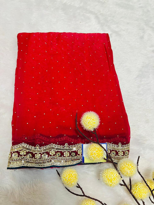 Red Organza Saree with Sequence Booti & Heavy Embroidered Border