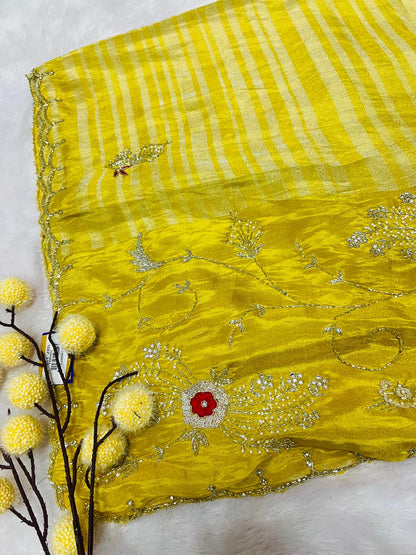 Yellow Embroidered Partywear Silk Saree