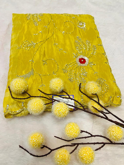 Yellow Embroidered Partywear Silk Saree