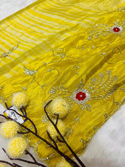 Yellow Embroidered Partywear Silk Saree