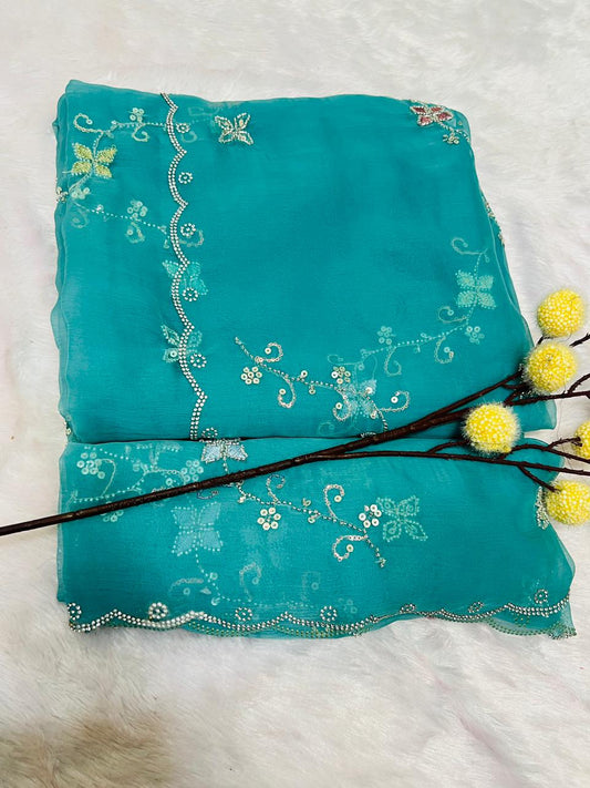 Green Designer Embroidered Partywear Saree