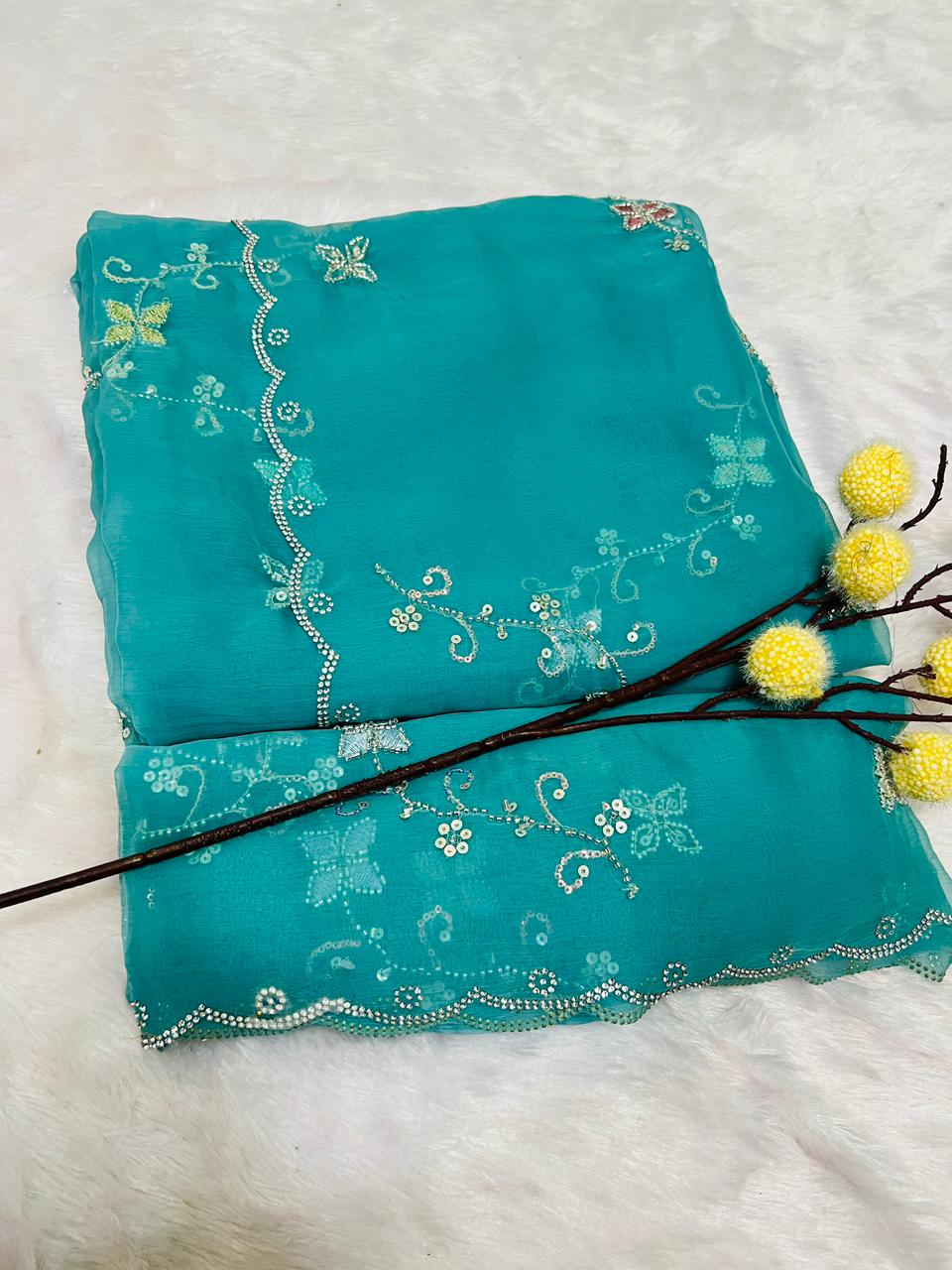 Green Designer Embroidered Partywear Saree