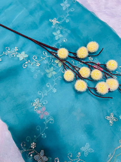 Green Designer Embroidered Partywear Saree