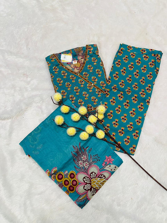 Printed Teal Anarkali Suit Set with Floral Motifs
