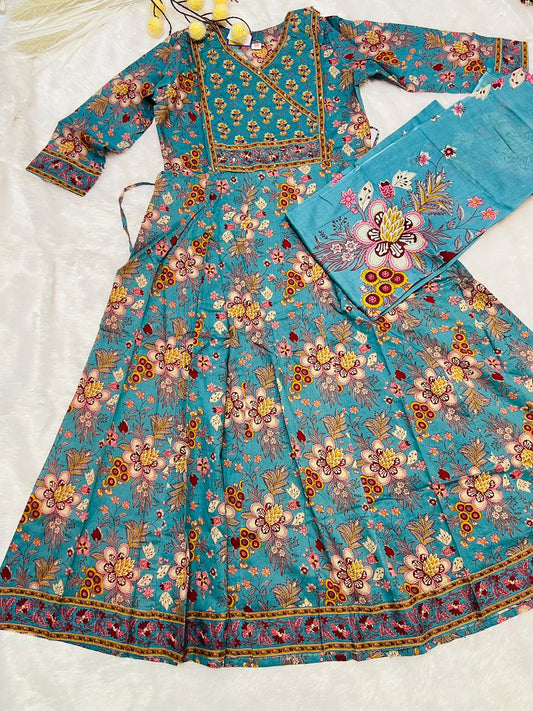 Printed Teal Anarkali Suit Set with Floral Motifs