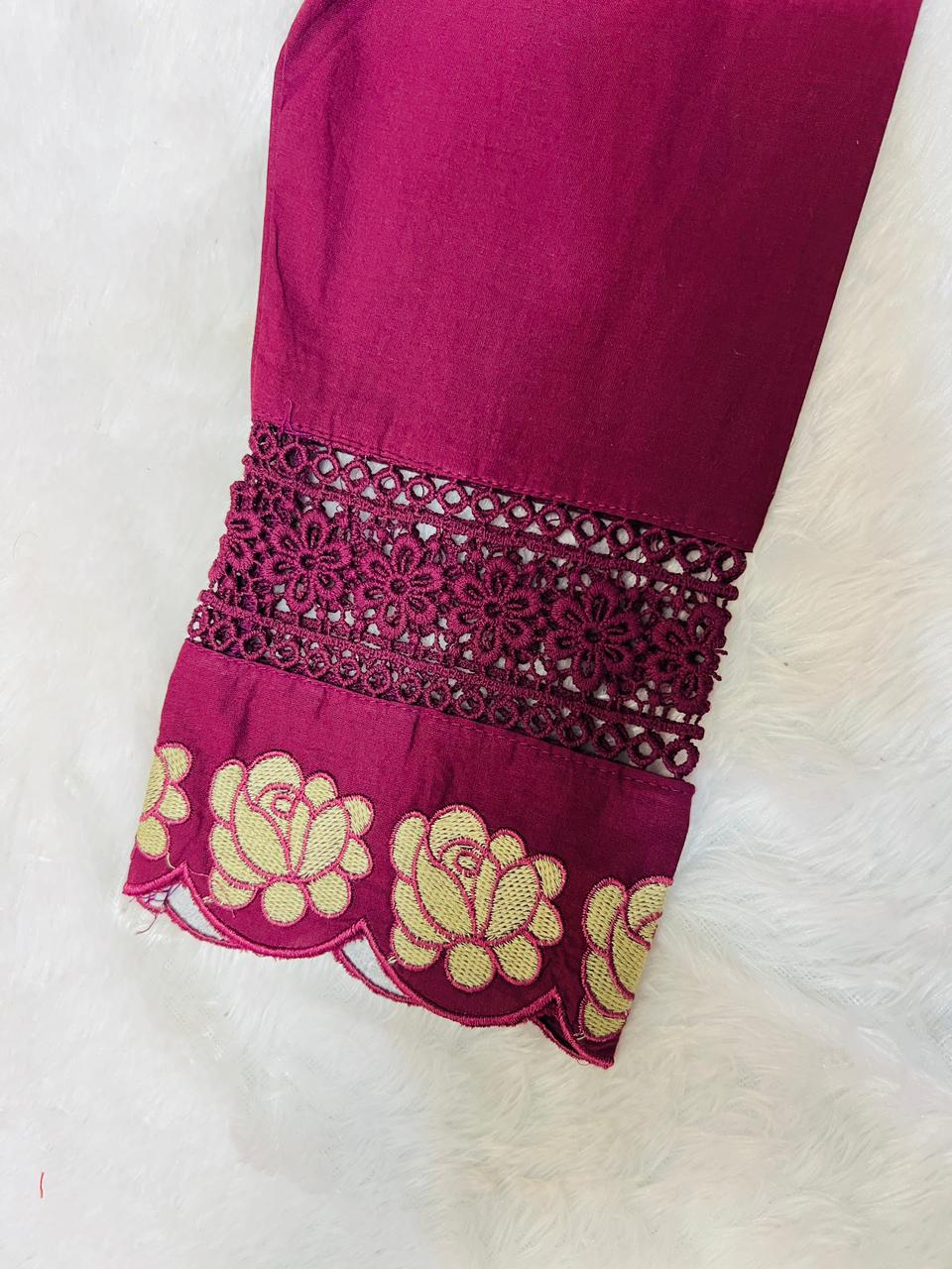 Embroidered Maroon Cotton Suit with Floral Detailing