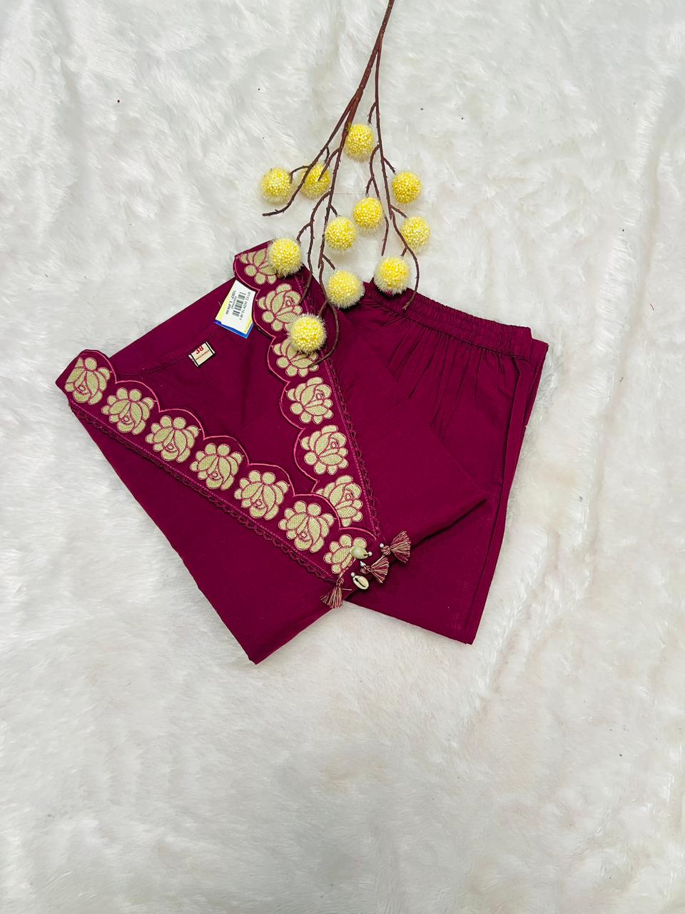 Embroidered Maroon Cotton Suit with Floral Detailing