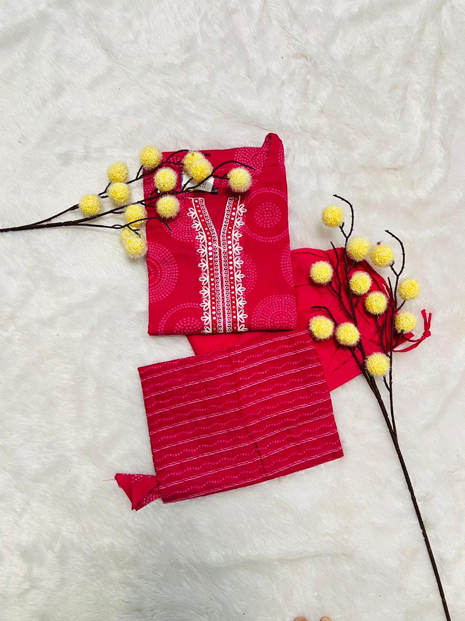 Printed Pink Straight Suit with Embroidered Neck