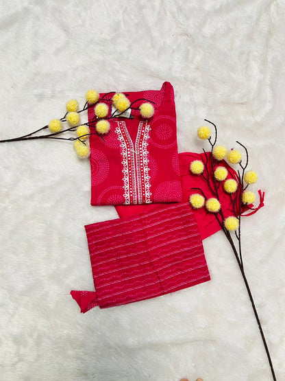 Printed Pink Straight Suit with Embroidered Neck