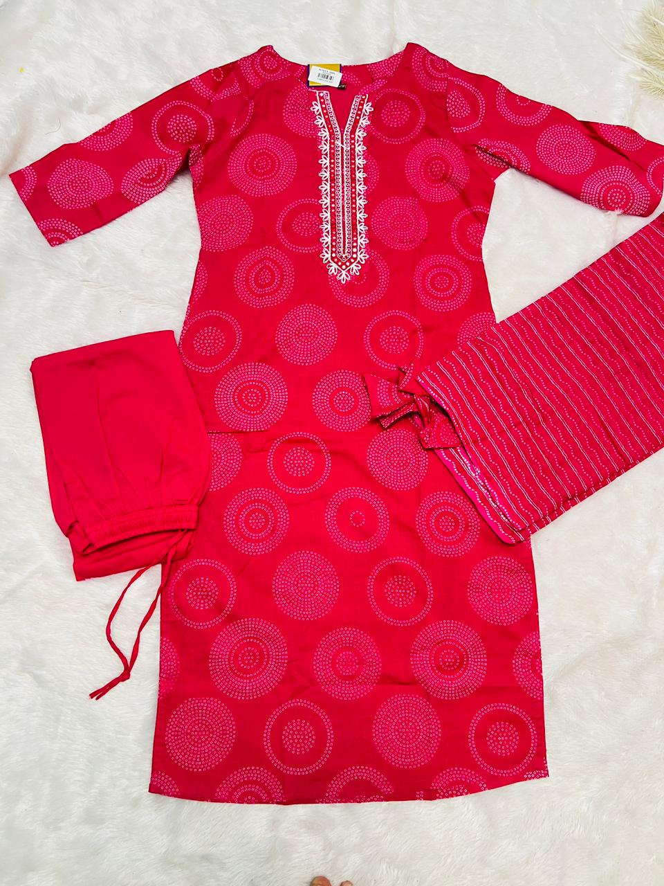 Printed Pink Straight Suit with Embroidered Neck