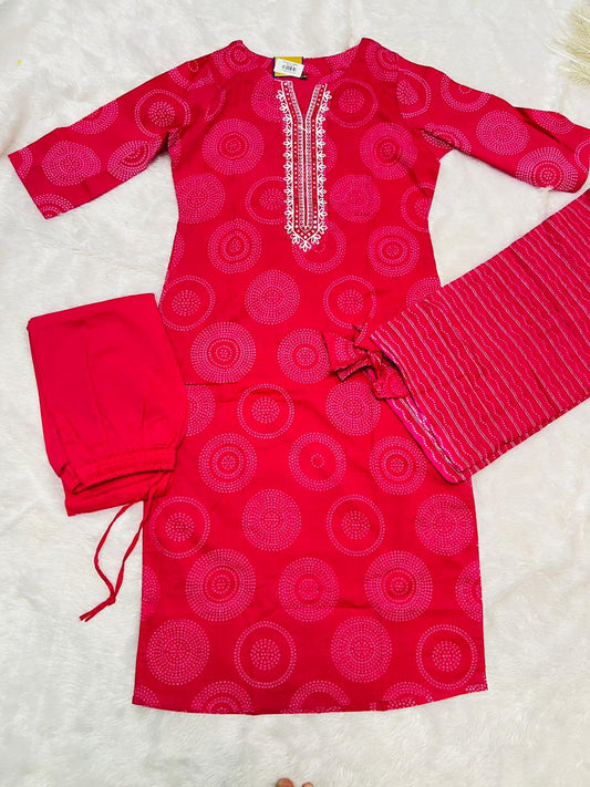 Printed Pink Straight Suit with Embroidered Neck