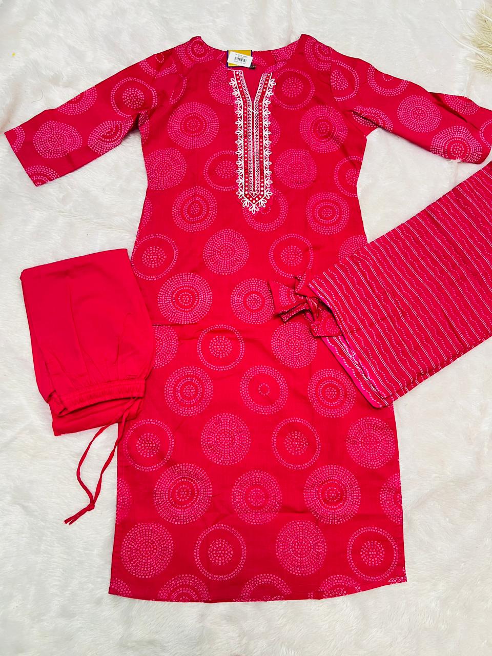 Printed Pink Straight Suit with Embroidered Neck