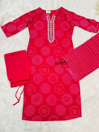 Printed Pink Straight Suit with Embroidered Neck
