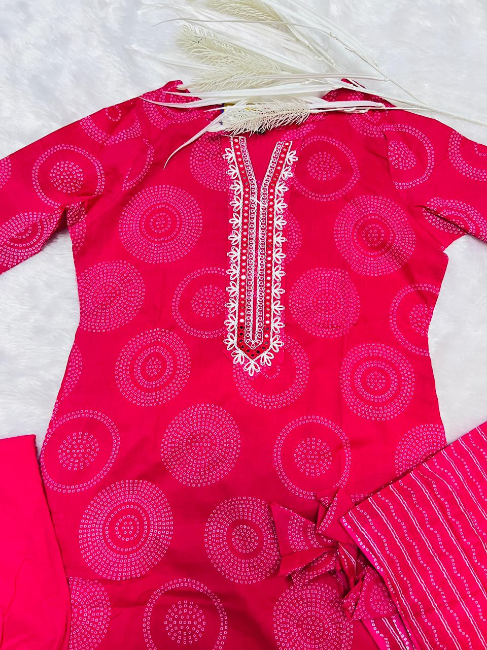 Printed Pink Straight Suit with Embroidered Neck