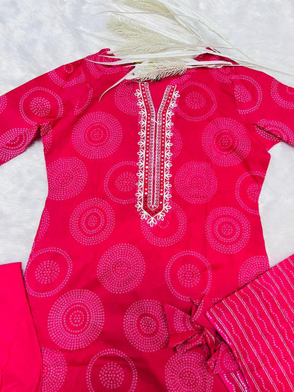 Printed Pink Straight Suit with Embroidered Neck